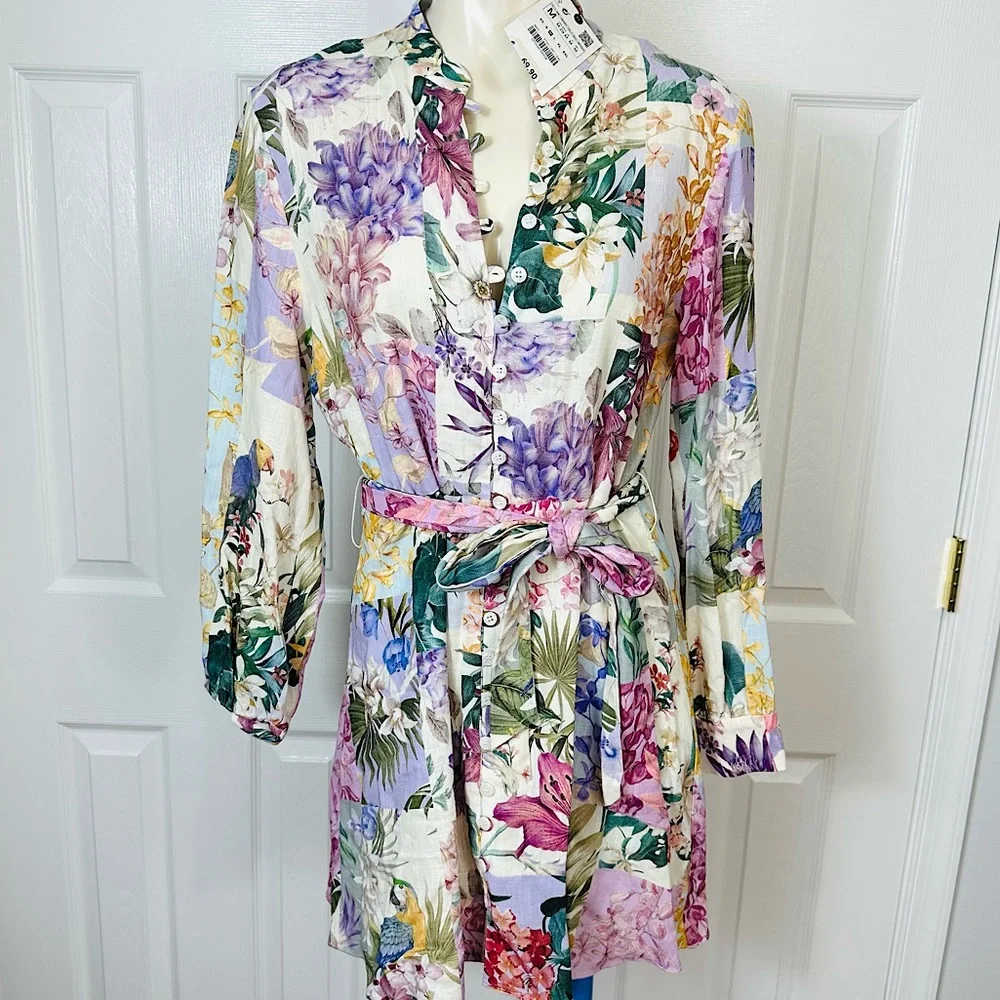 ZARA mini dress BELTED FLORAL button up dress or tunic top simply CHIC BOHO M - Picture 1 of 15